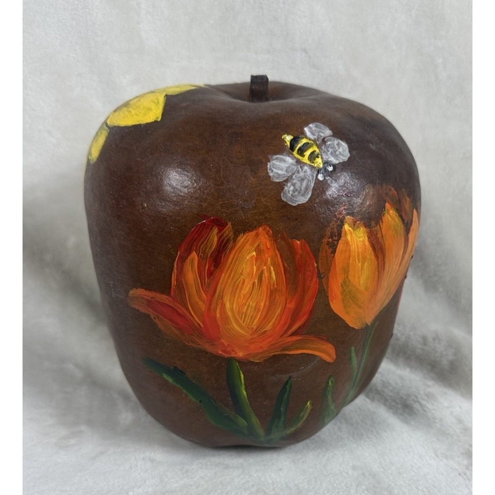 VTG Folk Art Hand Painted Gourd Spring Flowers‎ Artist Signed 7"